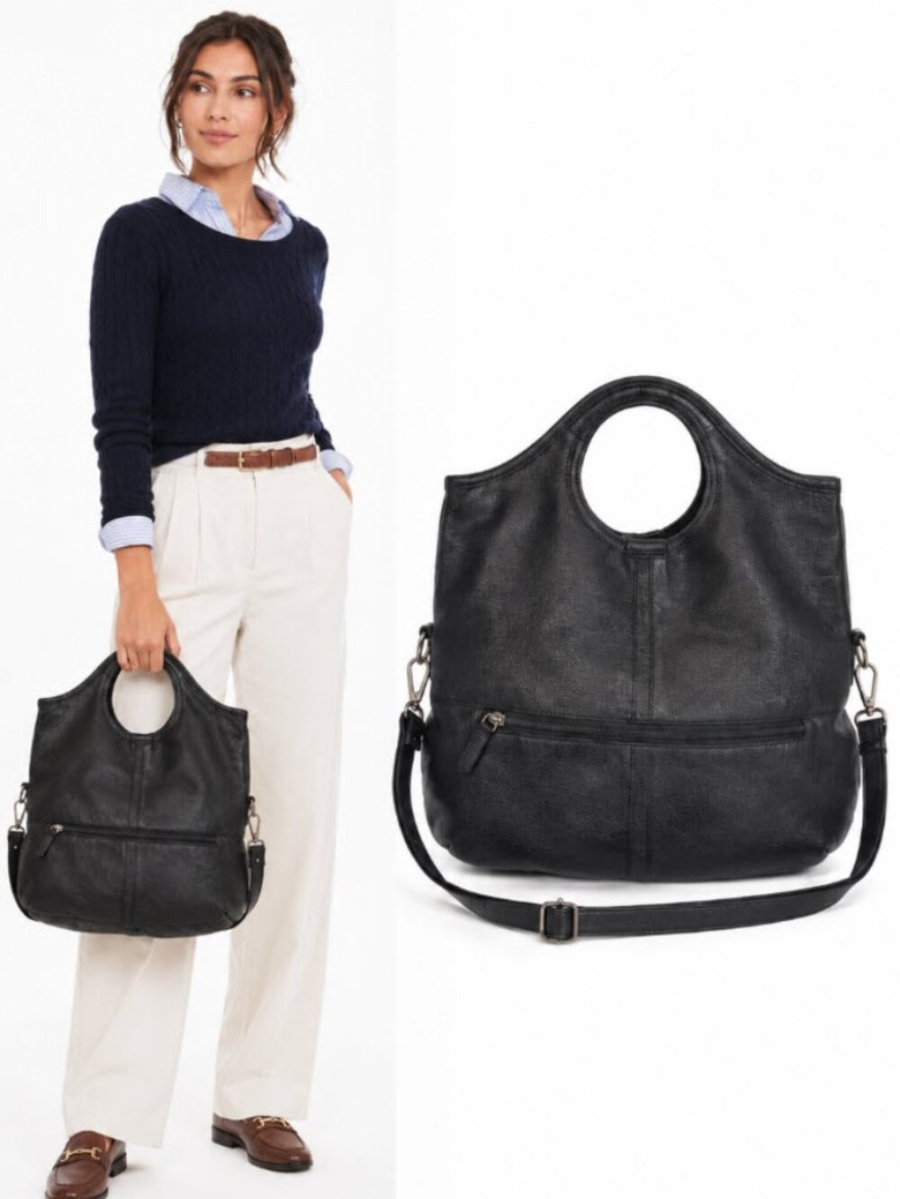 Danier Black Pebbled Leather Hobo Crossbody Bag Convertible Zip Pockets